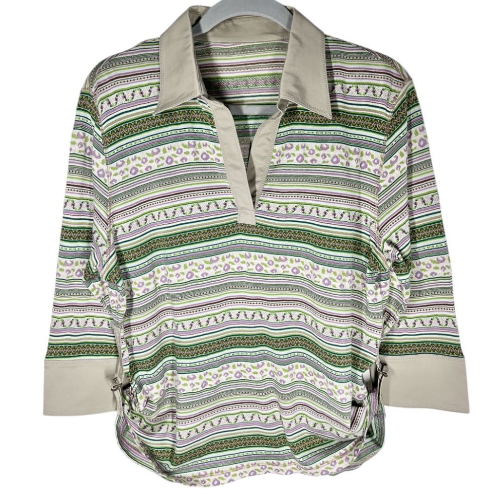 Christian Aujard Womens Vintage Top Shirt Size Medium Floral Striped 3/4 Sleeve